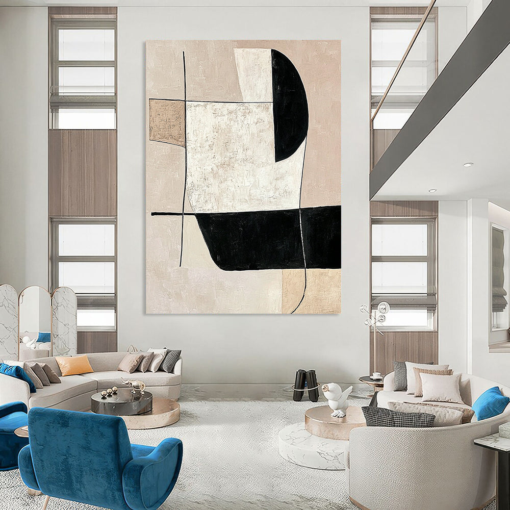 Contemporary abstract artwork featuring minimalist black and white shapes on a neutral beige background, emphasizing simple lines and modern elegance. DLZ1603