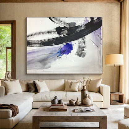 “Ink Splash with Purple - Blue Accents” - Black, Gray, Purple, Blue, Expressive Ink Splashes - Ink Painting HB1630