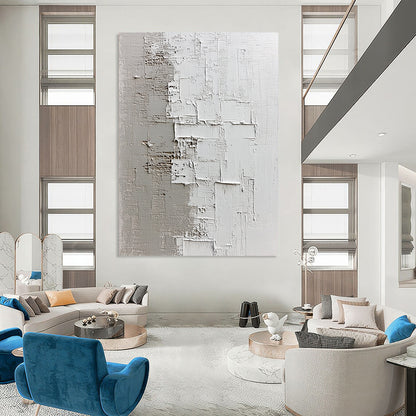 Contemporary hand-painted abstract artwork showcasing textured light gray and dark beige shades on a dark plaster background, evoking tranquility and depth. DLZ0832