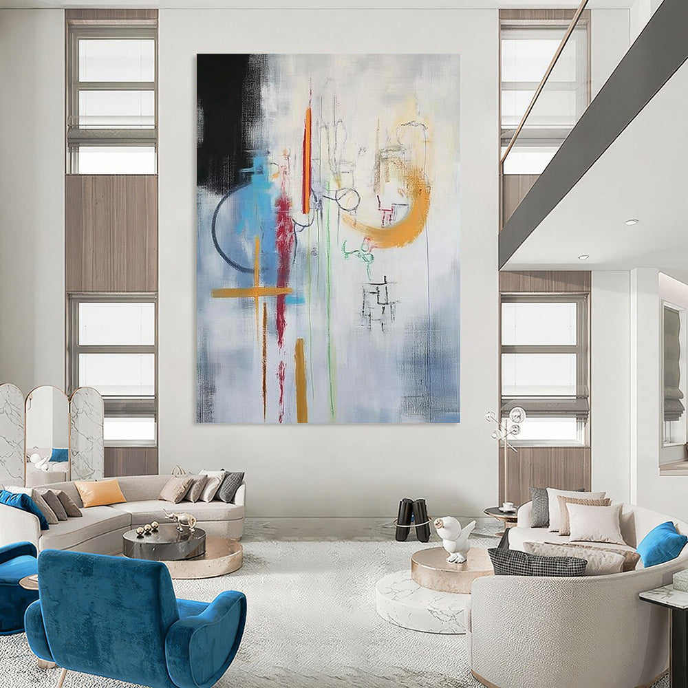 Large contemporary hand-painted abstract artwork featuring vibrant colors and dynamic shapes creating a captivating visual experience. Ideal for modern spaces. DLZ1759