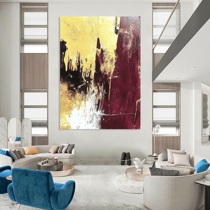 Large contemporary hand-painted abstract artwork featuring yellow and burgundy colors with white texture and gold leaf, capturing ruins in a high-contrast detailed style. DLZ1527
