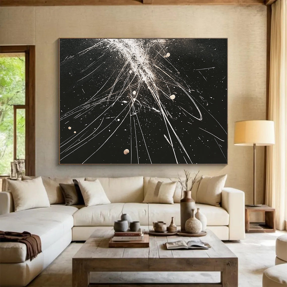 Black, White, Gold, Explosive Lines "Celestial Fireworks" Abstract Expressionist Painting On Canvas HB083