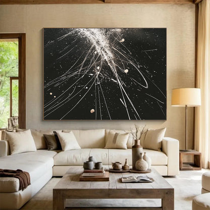 Black, White, Gold, Explosive Lines "Celestial Fireworks" Abstract Expressionist Painting On Canvas HB083