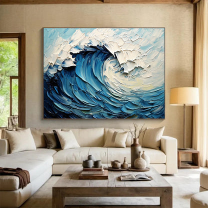 “Thick - Textured Blue Wave” - Blue, White, Swirling Wave, Ocean - Impasto Oil Painting HB1679