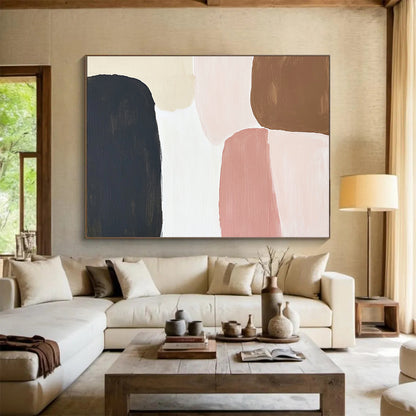 “Soft Geometric Shapes” - Black, Beige, Pink, Brown - Minimalist Geometric Forms - Acrylic Painting HB1311