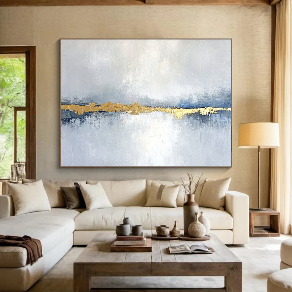 “Blue - Gray Goldline” - Blue, Gray, Gold, Abstract Minimalist Landscape Painting On Canvas HB1088