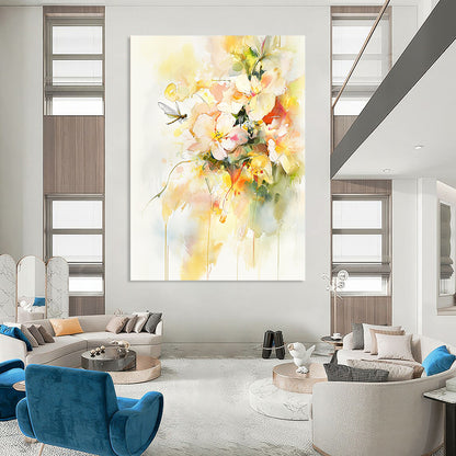 Contemporary abstract art featuring vibrant watercolor flowers and leaves with delicate gold accents a serene dragonfly and light yellow tones on a white background. DLZ1082