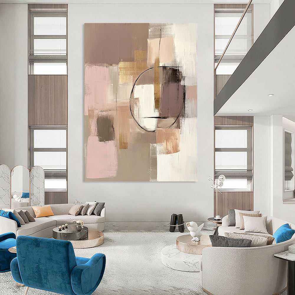 Contemporary hand-painted abstract artwork featuring beige and pink tones with geometric elements and gold accents in soft textures. DLZ0874
