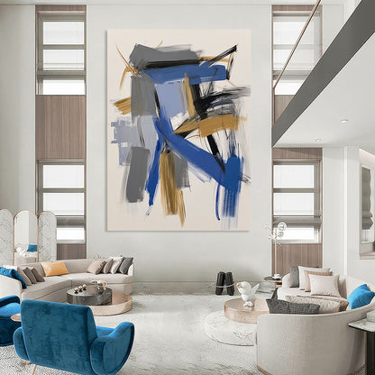 Contemporary abstract painting featuring bold blue and gold brushstrokes on white paper capturing dynamic architectural forms with expressive simplicity. DLZ0869