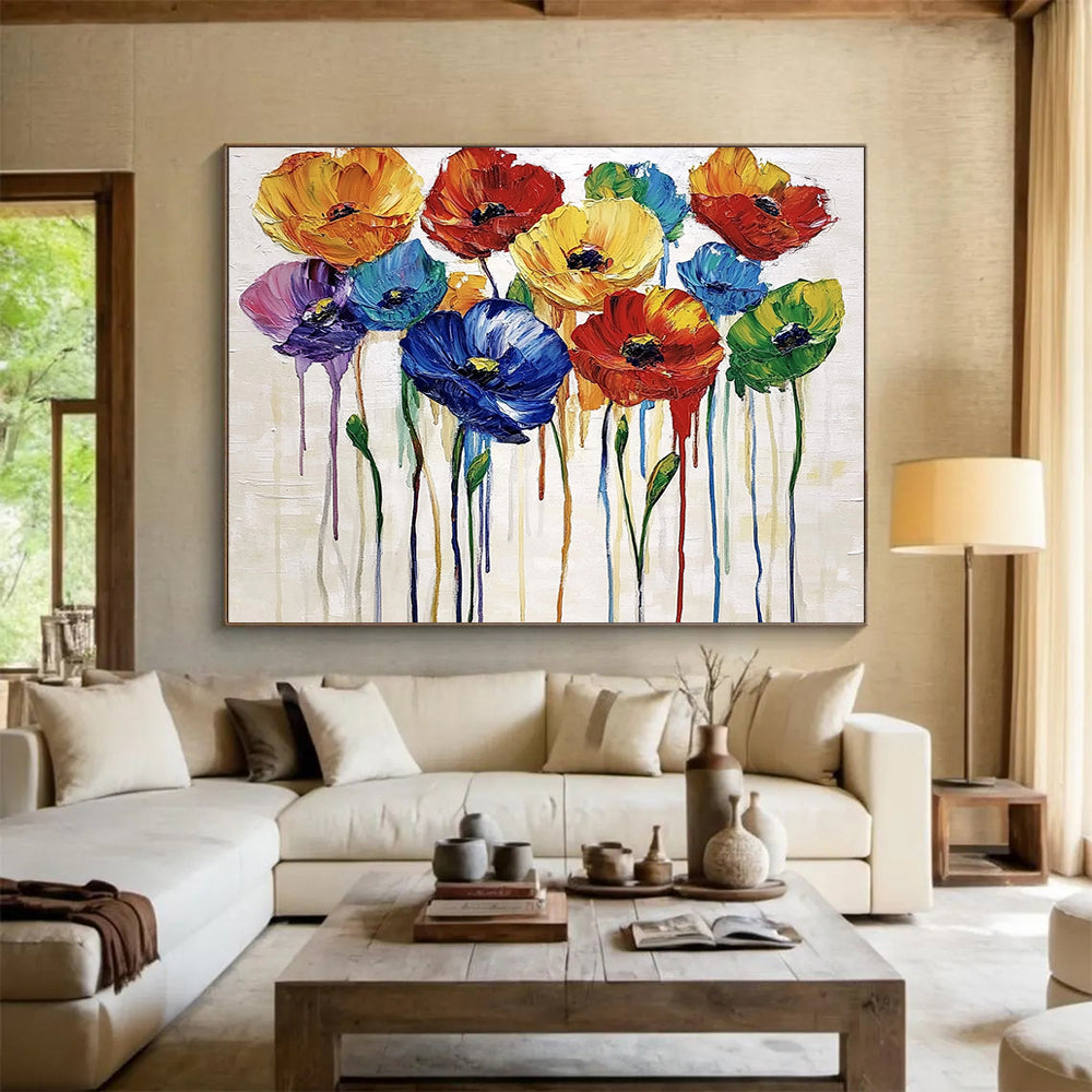 “Dripping Colorful Poppies” - Multicolor, Poppies, Dripping Paint Painting On Canvas HB0739
