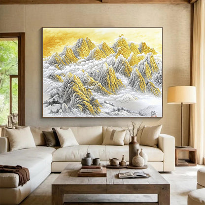 “Golden Mountain Peaks in Clouds” - Gold, White, Gray, Majestic Mountain Scene - Chinese Ink Painting HB1648