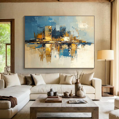 “Cityscape Reflections” - Deep blues, golds, whites; Abstract city skyline mirrored in water; Palette Knife Oil Painting On Canvas HB1177