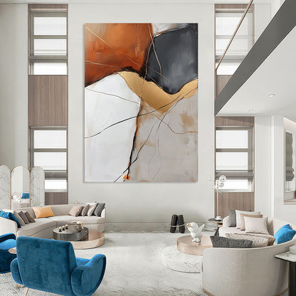 Contemporary hand-painted abstract artwork featuring an orange white grey rock with golden veins and delicate black lines enhancing visual depth. DLZ0963