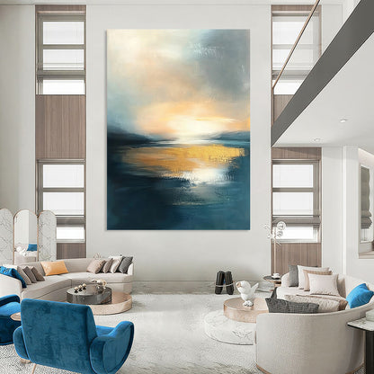 Contemporary abstract painting featuring water and sky at sunset with muted tones and gold accents, perfect for elevating any space. DLZ0494