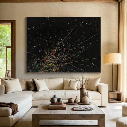 Black, Colorful Specks, Thin Lines "Starry Explosion" Abstract Painting On Canvas HB023