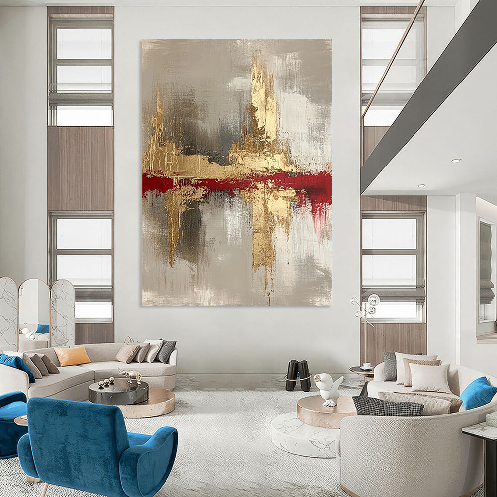 Contemporary hand-painted abstract art featuring gold, white, blue, black, and gray tones on a soft white background, perfect for modern decor. DLZ0437