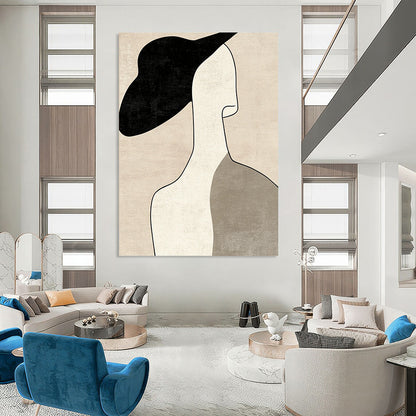 Contemporary minimalist art featuring a woman's profile with a hat in neutral tones and visible brush strokes on a beige background. DLZ1614