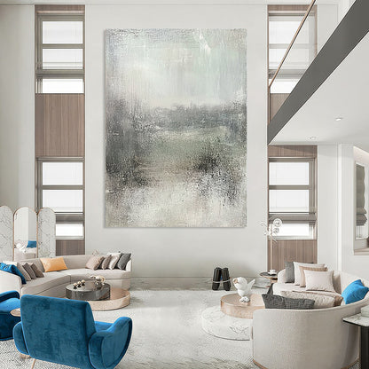 Large contemporary abstract painting featuring soft gray and subtle green hues, textured canvas evokes tranquility and nostalgia in a serene landscape. DLZ0871