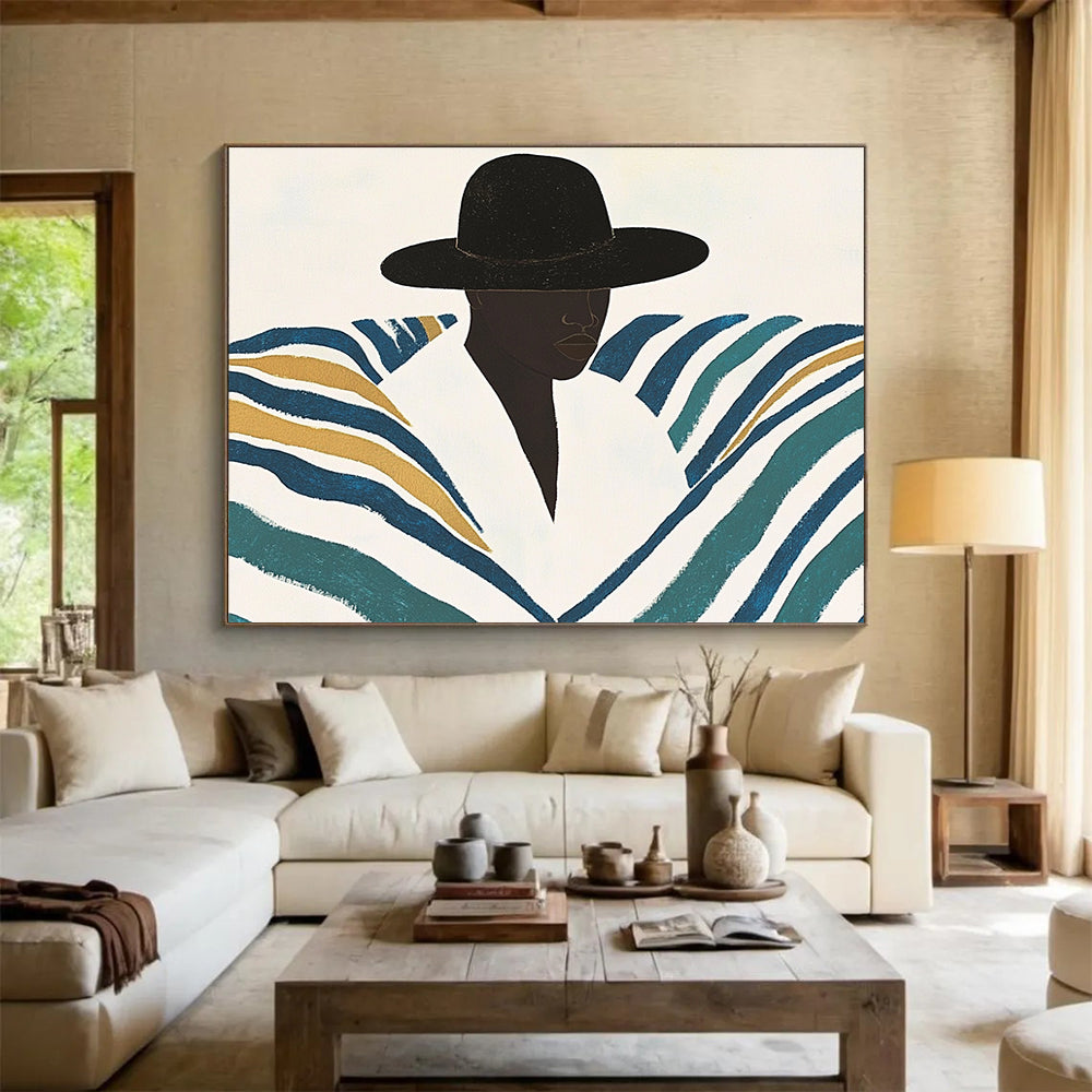 “Stylish Striped Silhouette” - Blacks, Whites, Blues, Golds, Fashion Figure - Flat - Style Illustration HB1560