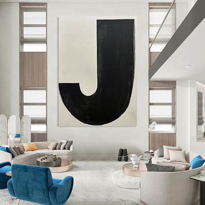 Contemporary hand-painted abstract art featuring bold black and white contrasts with a prominent beige J and a dark grey organic form. DLZ1342