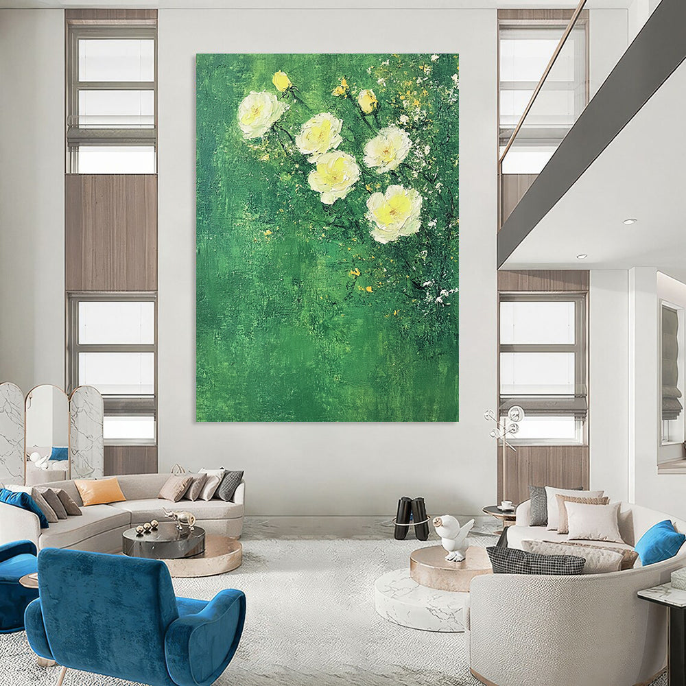 Contemporary abstract art featuring white roses on a textured green background with soft colors and minimalist Impressionist influences. DLZ1752