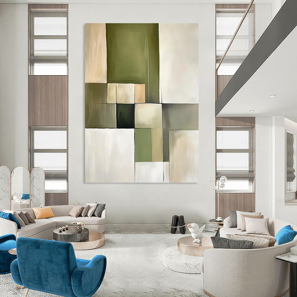 Contemporary abstract painting featuring green and beige blocks with soft tones and simple lines, embodying minimalism and geometric shapes on canvas. DLZ0747