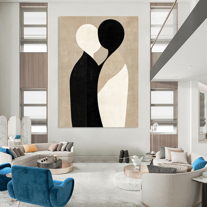 Large contemporary abstract art featuring minimalist shapes in black and beige, embracing forms on a textured light brown background. DLZ1464