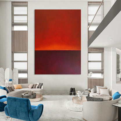 Contemporary hand-painted abstract art featuring a horizon line with rich red and purple hues against a solid background. DLZ1385