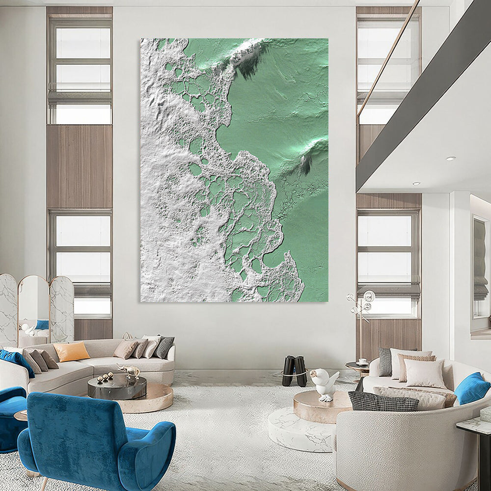 Contemporary abstract artwork inspired by vibrant waves in green and white featuring intricate textures that evoke the essence of coastal life. DLZ1228