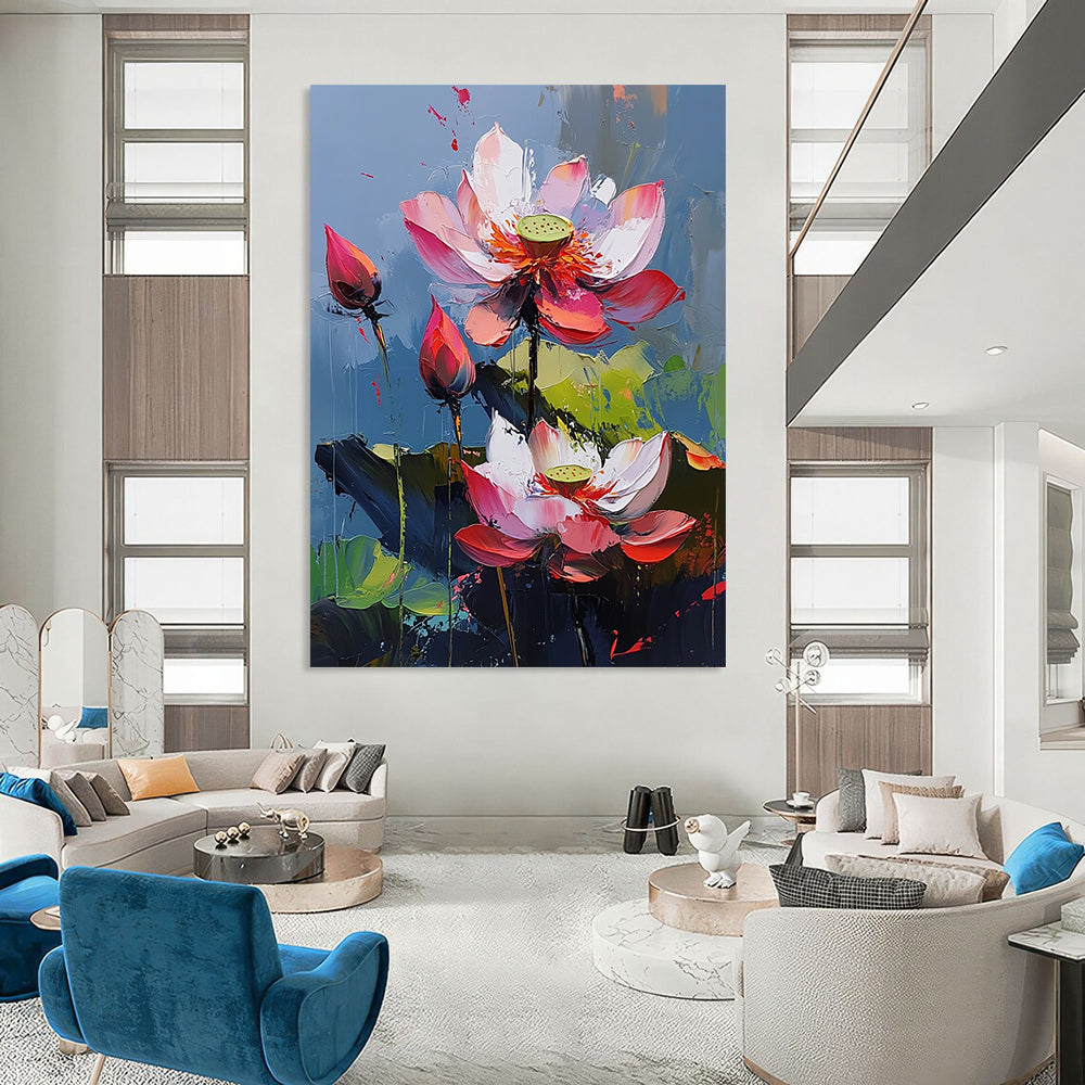 Contemporary hand-painted abstract artwork features vibrant lotus flowers with pink and red petals against a blue background creating a lively atmosphere. DLZ0423