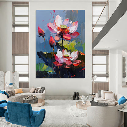 Contemporary hand-painted abstract artwork features vibrant lotus flowers with pink and red petals against a blue background creating a lively atmosphere. DLZ0423