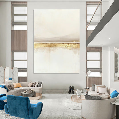 Large contemporary abstract painting featuring a serene horizon line in soft whites and beiges with subtle gold accents for a tranquil feel. DLZ1323