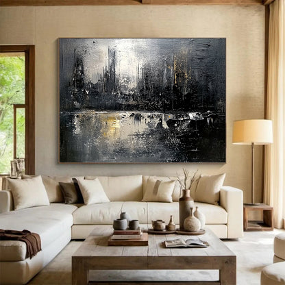 “Monochrome Cityscape Reflection” - Black, White, Gold, Abstract City Reflection HB1129