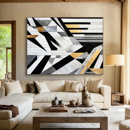 Black, White, Gray, Gold, Geometric Collage "Gilded Geometry Mosaic" Abstract Cubist - Inspired Painting On Canvas HB111