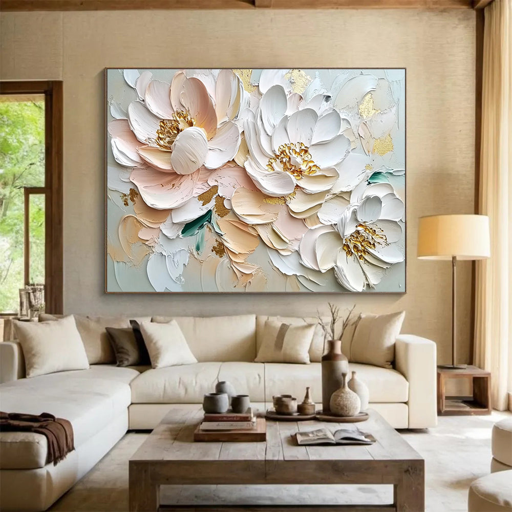 Blush and White Flowers with Gold Accents - Textured Floral Luxury Painting On Canvas HB0429