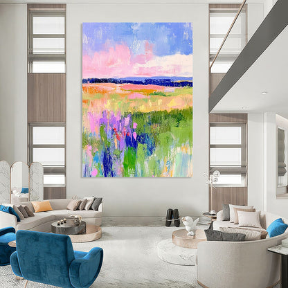 Vibrant contemporary hand-painted abstract artwork featuring pastel fields of green and pink with dreamy skies in blue and purple tones. DLZ1284