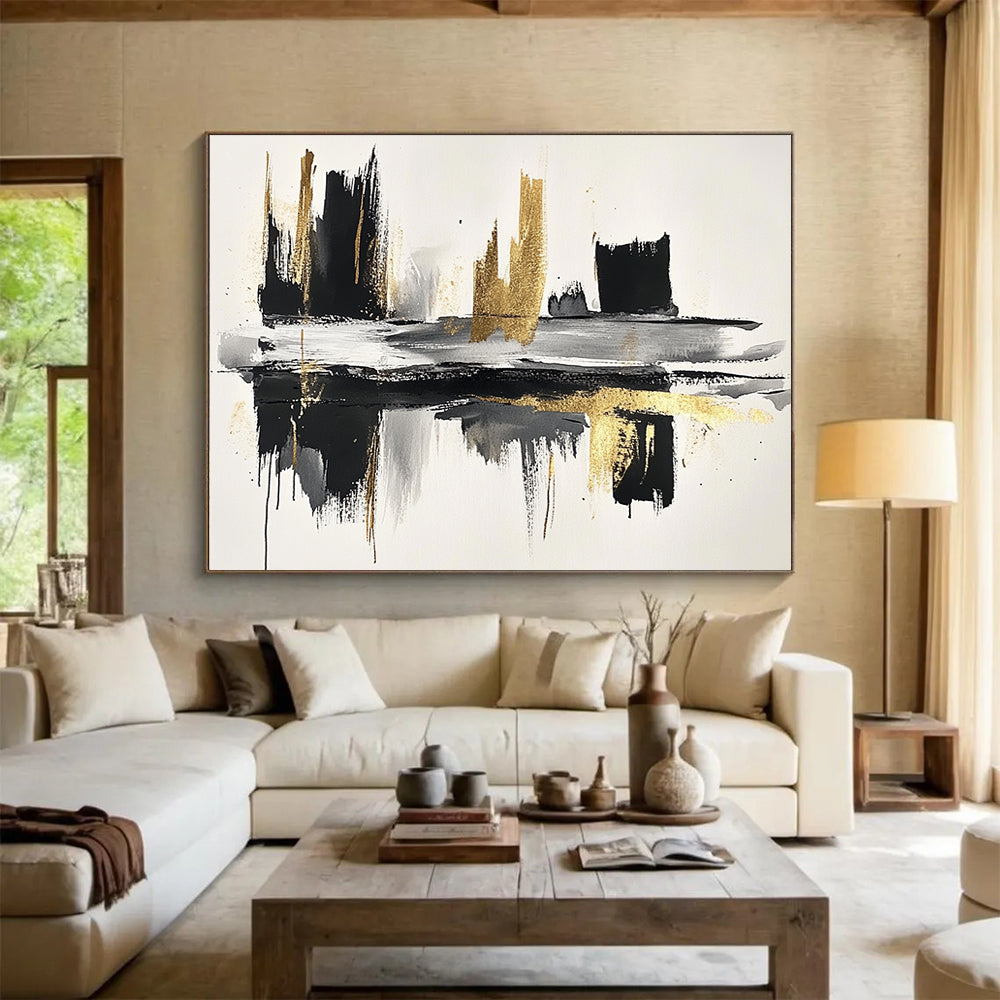 “Black - Gold Brushstroke Reflection” - Black, Gold, Reflective Abstract Cityscape Painting On Canvas HB0792