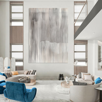 Contemporary hand-painted abstract art featuring undulating grey and white vertical stripes, evoking tranquility and capturing nature's beauty through textured geometric patterns. DLZ0862
