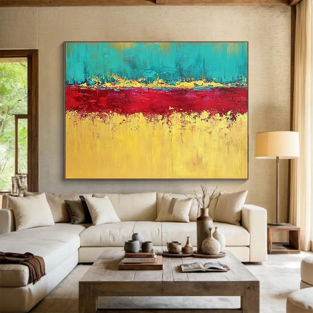 “Teal, Red, and Gold Abstract Horizon” - Teal, red, gold, yellow; Abstract color - block horizon; Acrylic Painting On Canvas HB1221