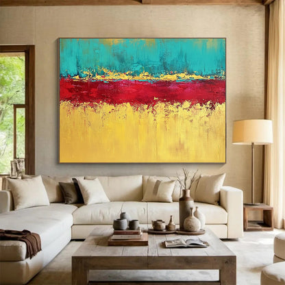 “Teal, Red, and Gold Abstract Horizon” - Teal, red, gold, yellow; Abstract color - block horizon; Acrylic Painting On Canvas HB1221
