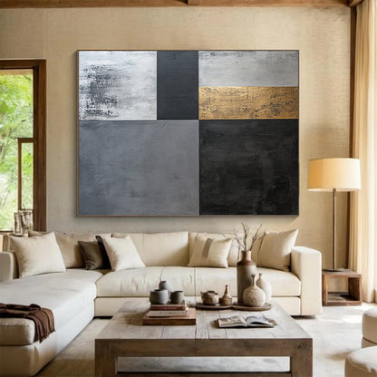 Black, Gray, White and Gold Geometric Squares "Elegant Geometry" Painting On Canvas HB352