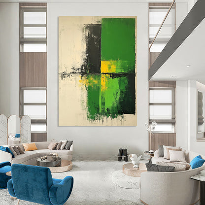 Contemporary large hand-painted abstract artwork in shades of green and white with neutral tones on textured canvas. DLZ0553