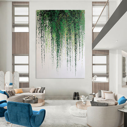 Large contemporary hand-painted abstract artwork featuring a weeping willow with green leaves and soft textures against a white background. DLZ1707