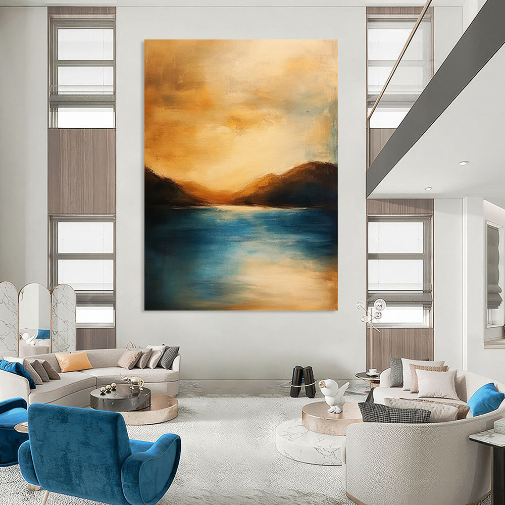 Contemporary abstract painting featuring a serene ocean sunset with soft colors blurred edges tranquil atmosphere and harmonious warm tones. DLZ1111