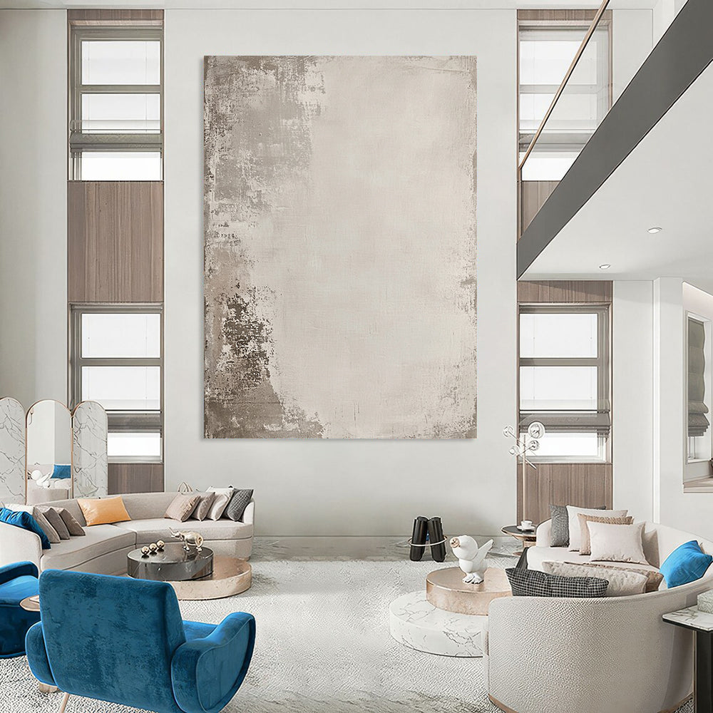 Contemporary hand-painted abstract art features a distressed texture in neutral tones with hidden sketch-like designs inviting exploration and intrigue. DLZ1170