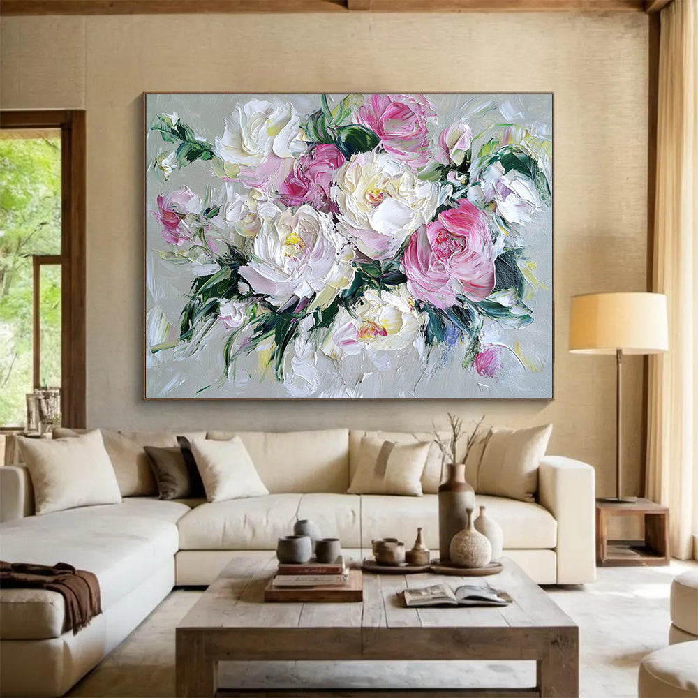 “Blush - Toned Peony Bouquet” - Soft Pinks, Whites, Greens, Textured Peony Flowers - Impasto Oil Painting HB1716