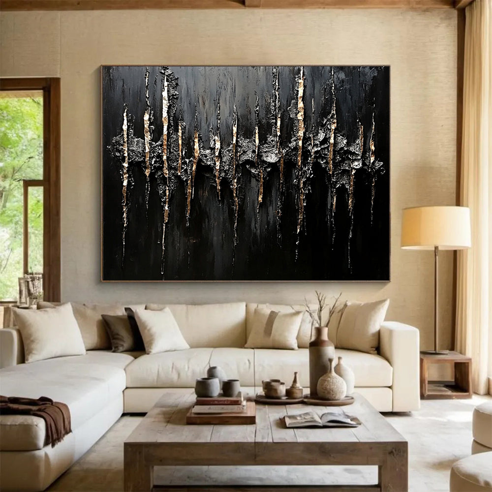 Textured Black & Gold Abstract - Impasto Minimalist Painting On Canvas HB0467