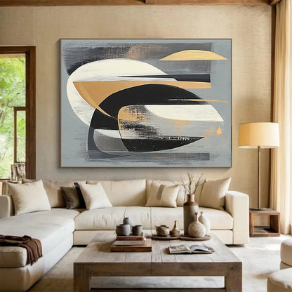 Gray, Black, White and Gold Abstract Shapes "Mystic Fusion" Painting On Canvas HB353