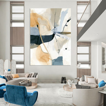 Contemporary hand-painted abstract artwork featuring soft lines and shapes in beige and gray with striking black splashes for a modern aesthetic. DLZ0285