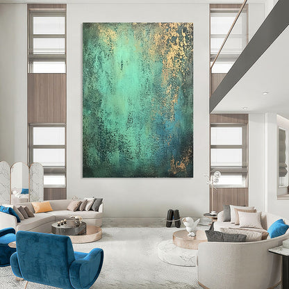 Contemporary hand-painted abstract art features textured patina-green with hints of blue and gold on a dark gray background for a rustic yet elegant ambiance. DLZ1165